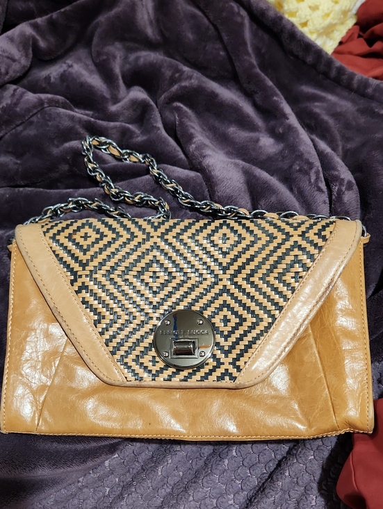Elliott Lucca Handbags - Elliott Lucca - Tan Woven Leather Shoulder Bag or Large Clutch w/Pewter Hardware